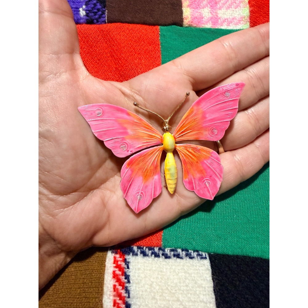 Vintage Pink Orange Enamel Butterfly Brooch Gold Tone Large Statement Pin